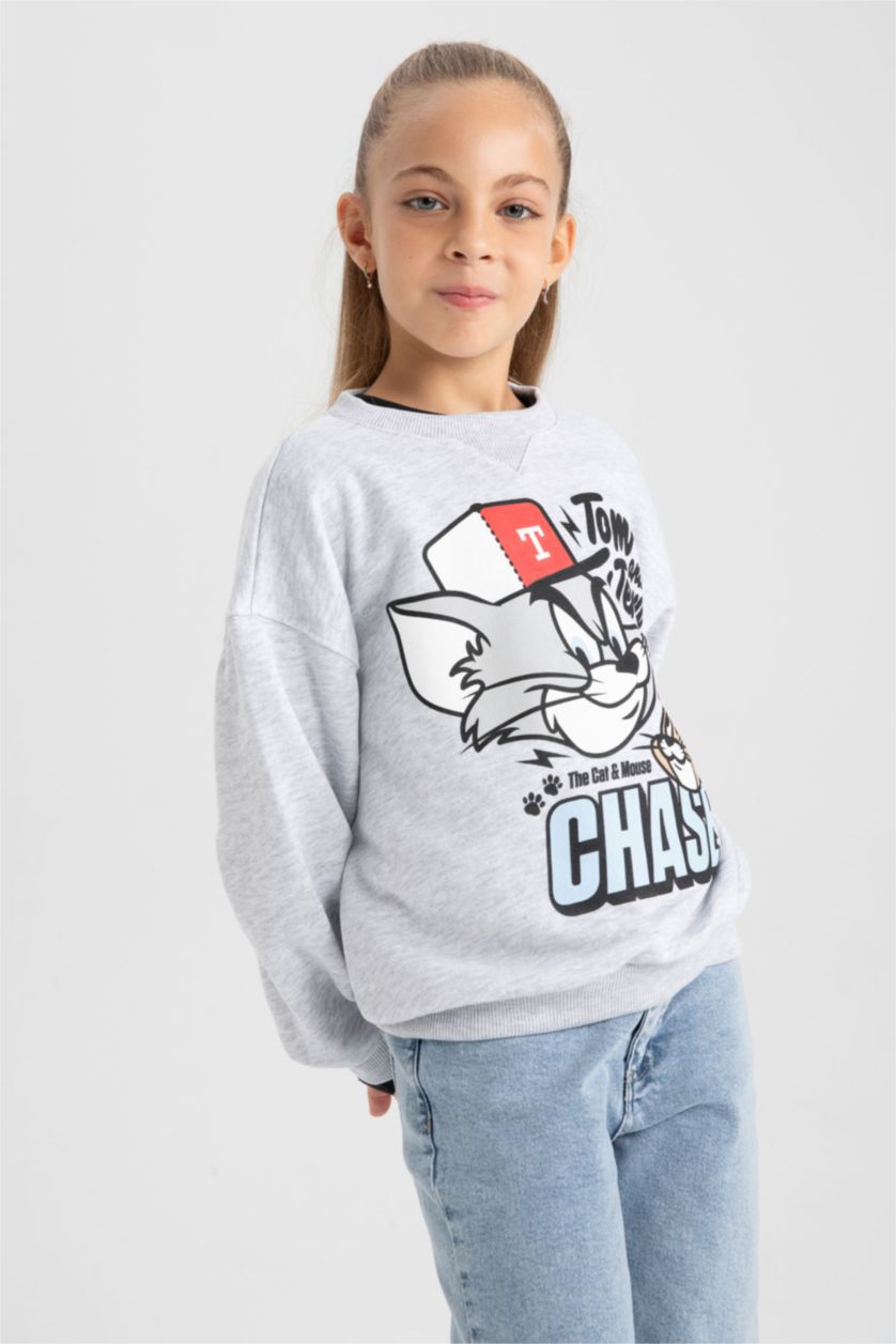 بنات ميلانج رمادي سويت شيرت بناتي قصة عادية برقبة مستديرة من توم وجيري