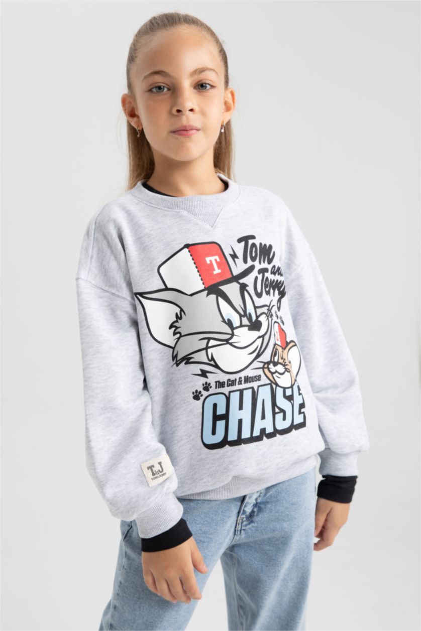 بنات ميلانج رمادي سويت شيرت بناتي قصة عادية برقبة مستديرة من توم وجيري