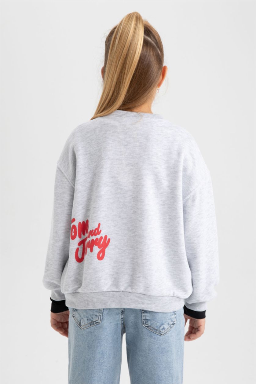بنات ميلانج رمادي سويت شيرت بناتي قصة عادية برقبة مستديرة من توم وجيري
