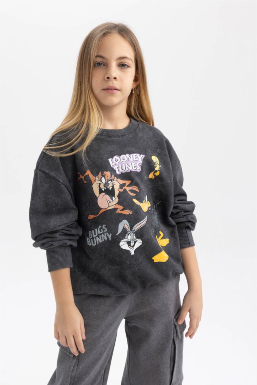 Girls & Teens Grey Oversize Fit Looney Tunes Licensed Crew Neck Sweatshirt