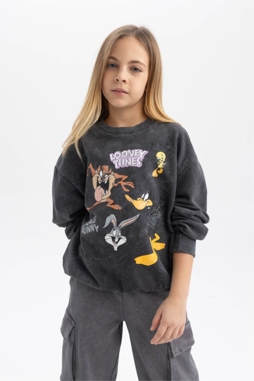 Girls & Teens Grey Oversize Fit Looney Tunes Licensed Crew Neck Sweatshirt