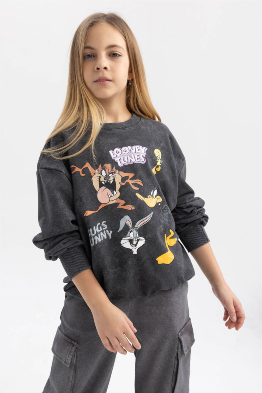 Girls & Teens Grey Oversize Fit Looney Tunes Licensed Crew Neck Sweatshirt