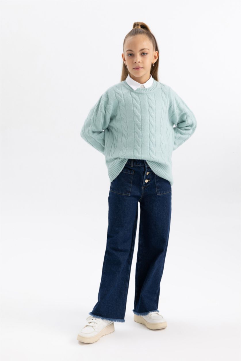 Kız Çocuk - Genç Kız Açık Mint Kız Çocuk Bisiklet Yaka Saç Örgülü Triko Kazak