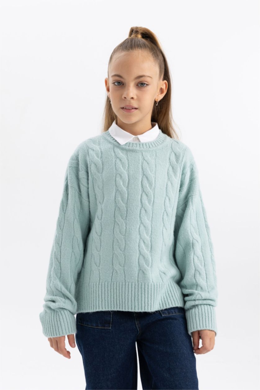 Kız Çocuk - Genç Kız Açık Mint Kız Çocuk Bisiklet Yaka Saç Örgülü Triko Kazak