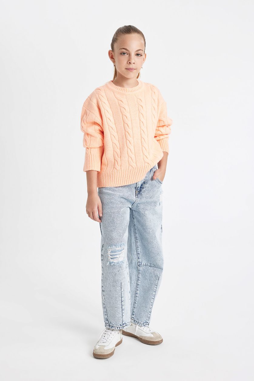 FILLES Orange Pull en tricot à col rond Coupe régulière pour Fille