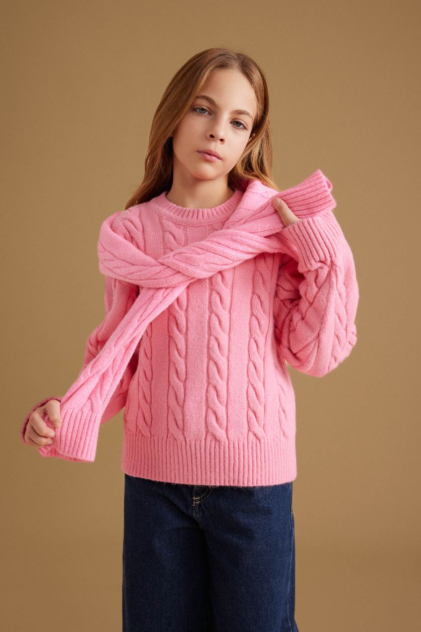 GIRLS & TEENS Light Pink Girl Regular Fit Crew Neck Knitted Pullover
