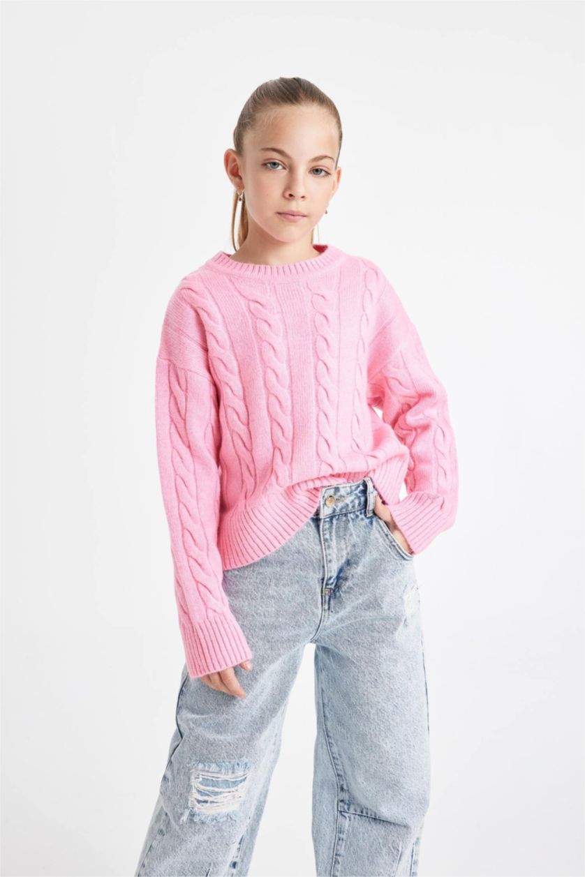 GIRLS & TEENS Light Pink Girl Regular Fit Crew Neck Knitted Pullover