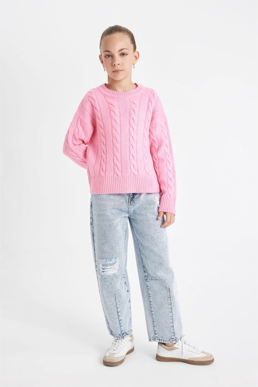 GIRLS & TEENS Light Pink Girl Regular Fit Crew Neck Knitted Pullover