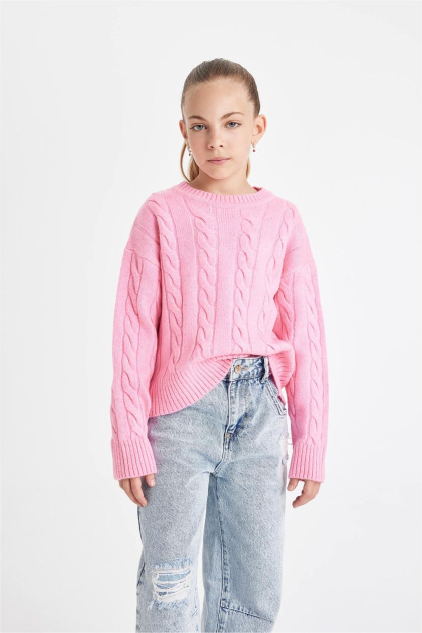 GIRLS & TEENS Light Pink Girl Regular Fit Crew Neck Knitted Pullover