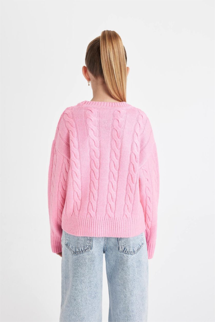 GIRLS & TEENS Light Pink Girl Regular Fit Crew Neck Knitted Pullover