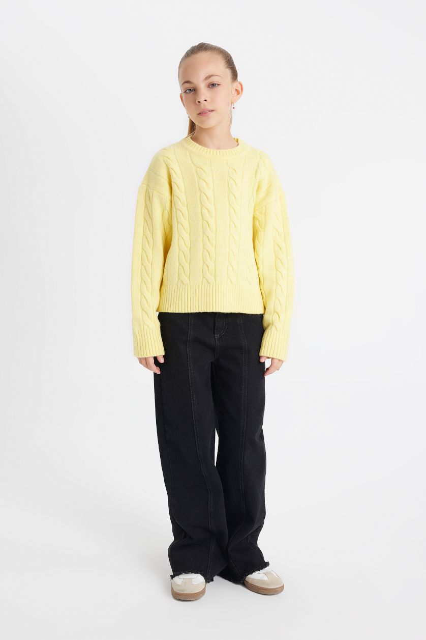 بنات أصفر فاتح بلوفر بناتي قصة عادية برقبة مستديرة