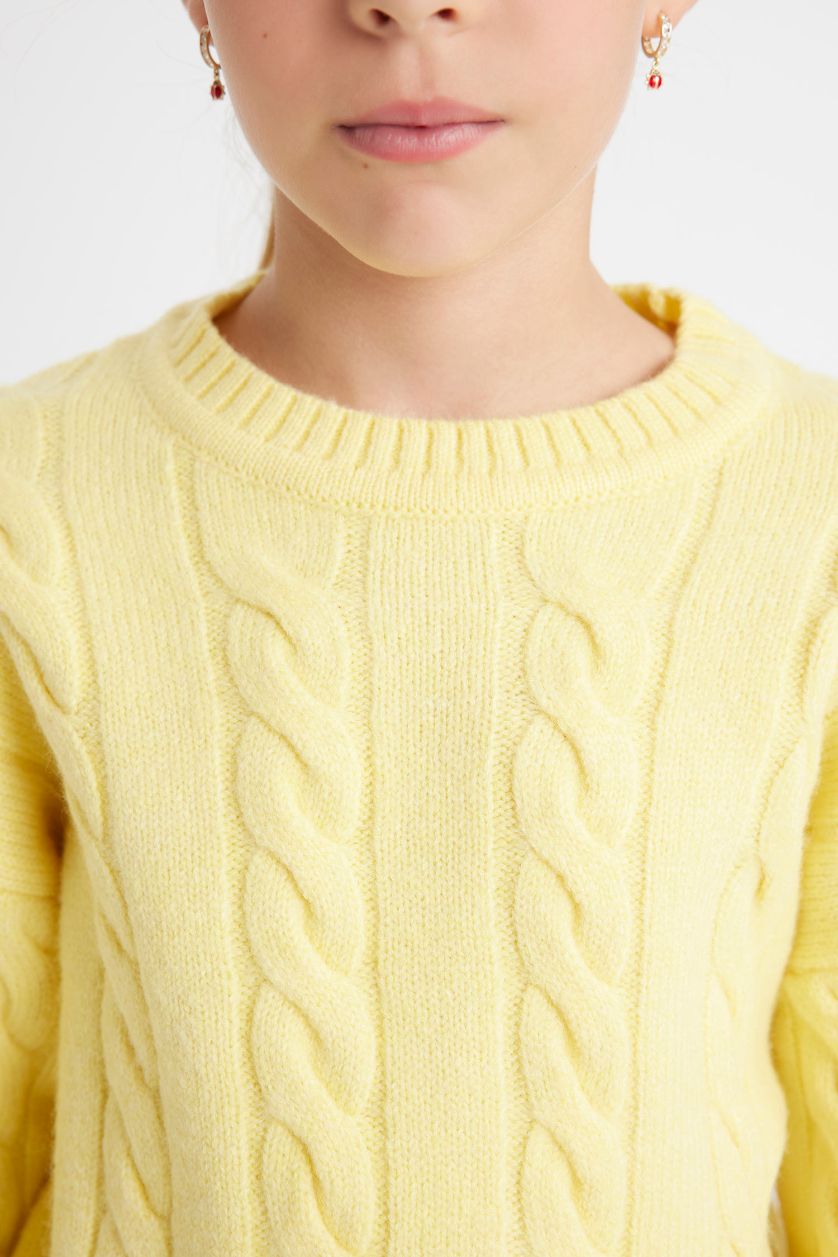 بنات أصفر فاتح بلوفر بناتي قصة عادية برقبة مستديرة