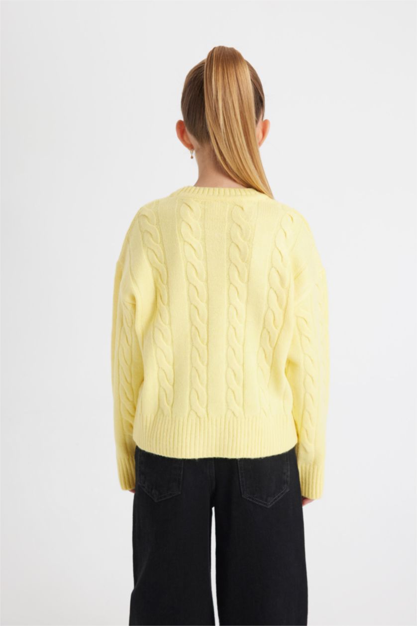 بنات أصفر فاتح بلوفر بناتي قصة عادية برقبة مستديرة