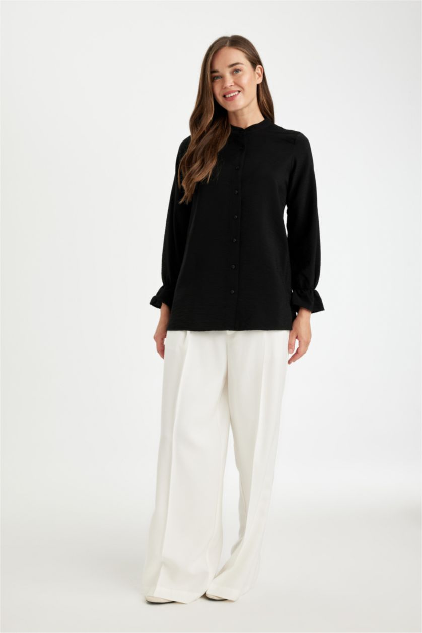 FEMME Noir Chemise à Manches Longues en Tricot coupe régulière Col de Chemise