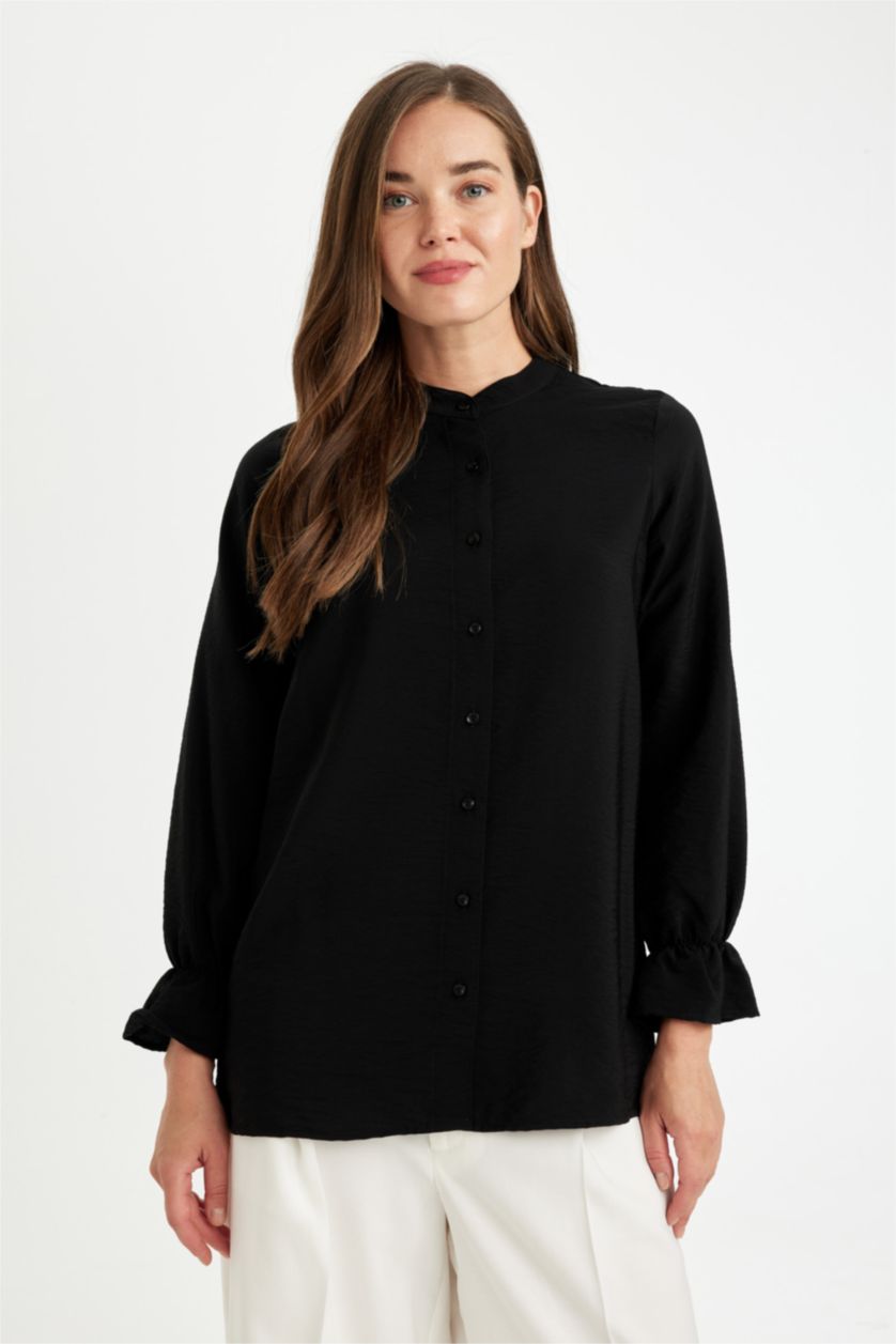 FEMME Noir Chemise à Manches Longues en Tricot coupe régulière Col de Chemise