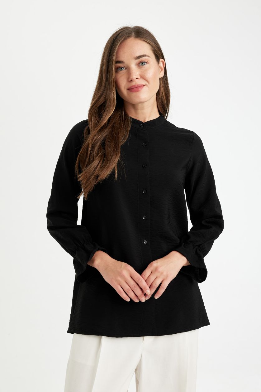 FEMME Noir Chemise à Manches Longues en Tricot coupe régulière Col de Chemise