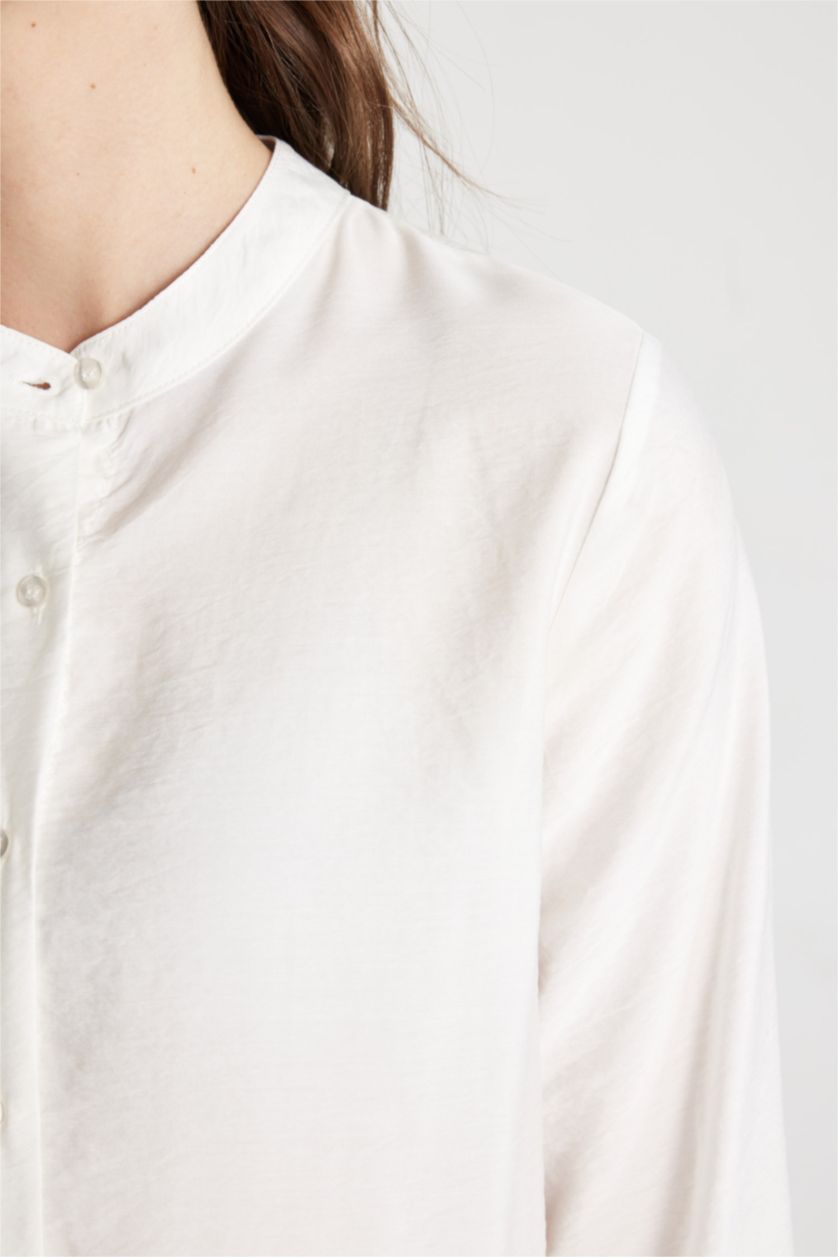 Kadın Ekru Regular Fit Basic Düz Uzun Kollu Gömlek