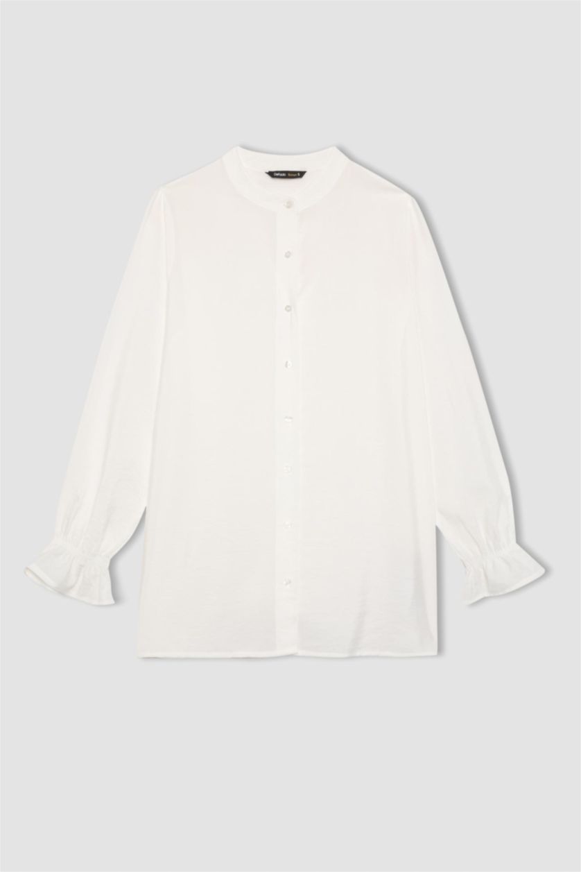 Kadın Ekru Regular Fit Basic Düz Uzun Kollu Gömlek