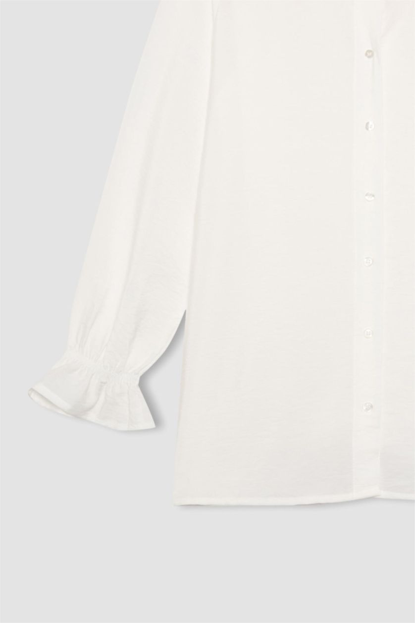 Kadın Ekru Regular Fit Basic Düz Uzun Kollu Gömlek