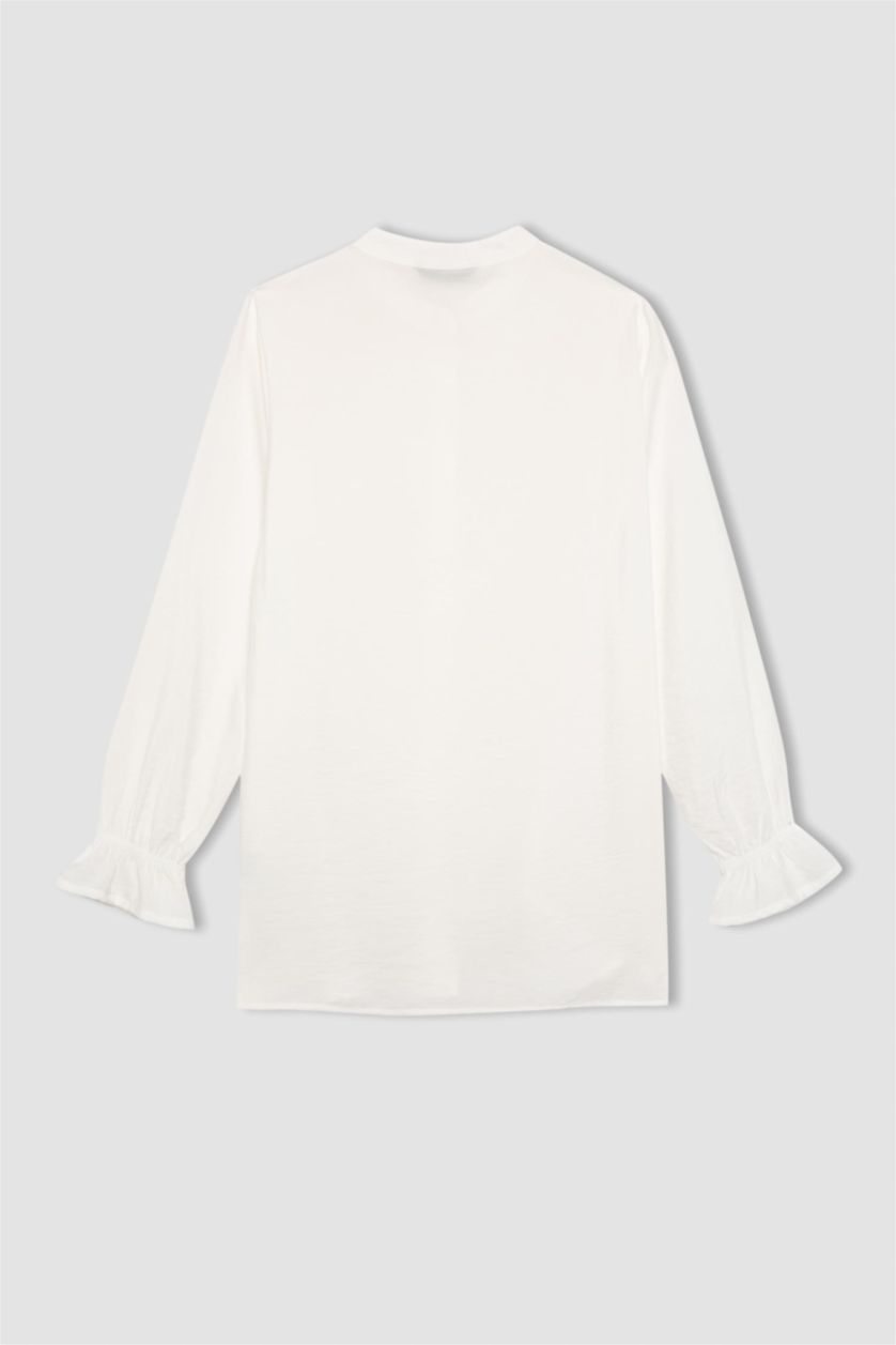 Kadın Ekru Regular Fit Basic Düz Uzun Kollu Gömlek