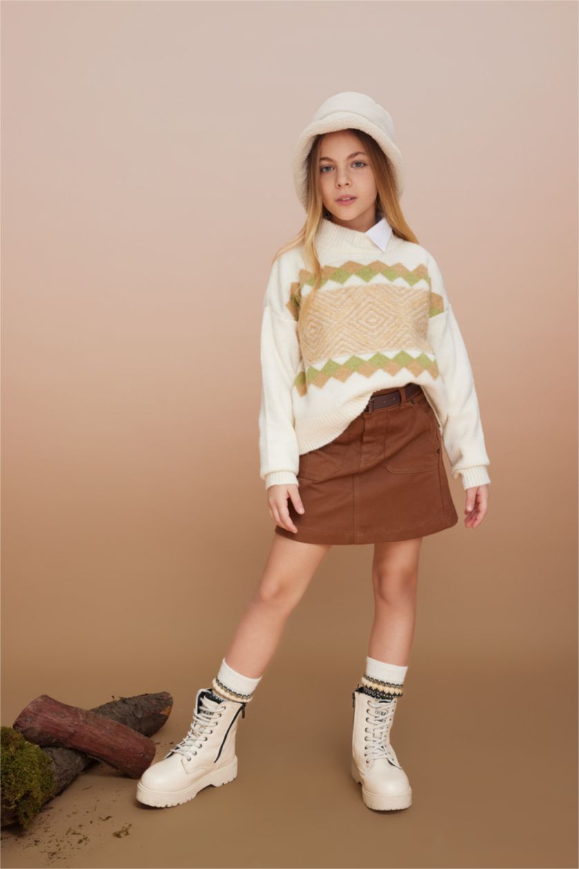 Kız Çocuk - Genç Kız Açık Bej Kız Çocuk Yarım Balıkçı Yaka Triko Kazak