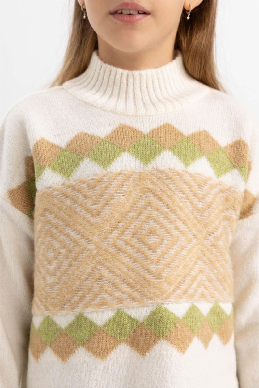 Kız Çocuk - Genç Kız Açık Bej Kız Çocuk Yarım Balıkçı Yaka Triko Kazak