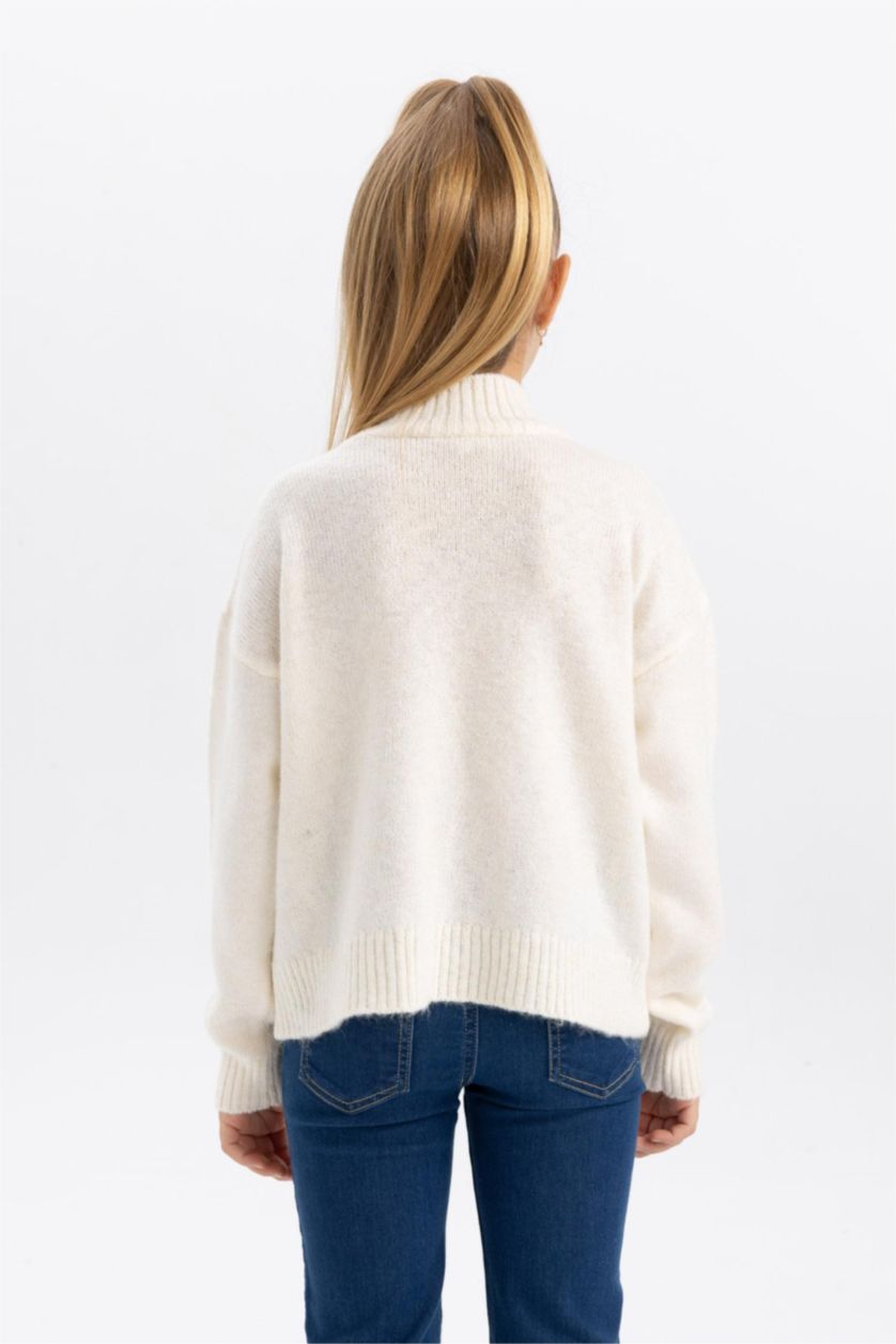 Kız Çocuk - Genç Kız Açık Bej Kız Çocuk Yarım Balıkçı Yaka Triko Kazak