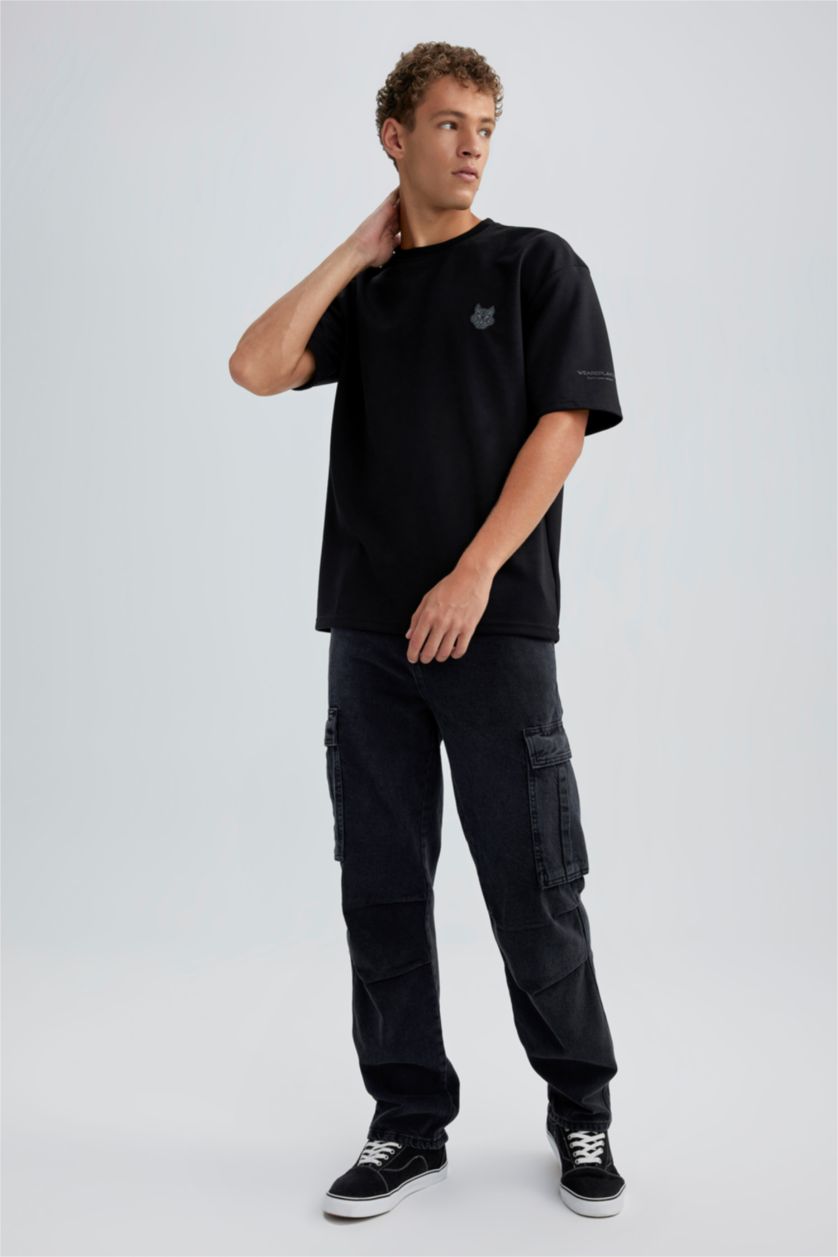 رجال أسود تي شيرت مطبوع اوفر سايز برقبة مستديرة