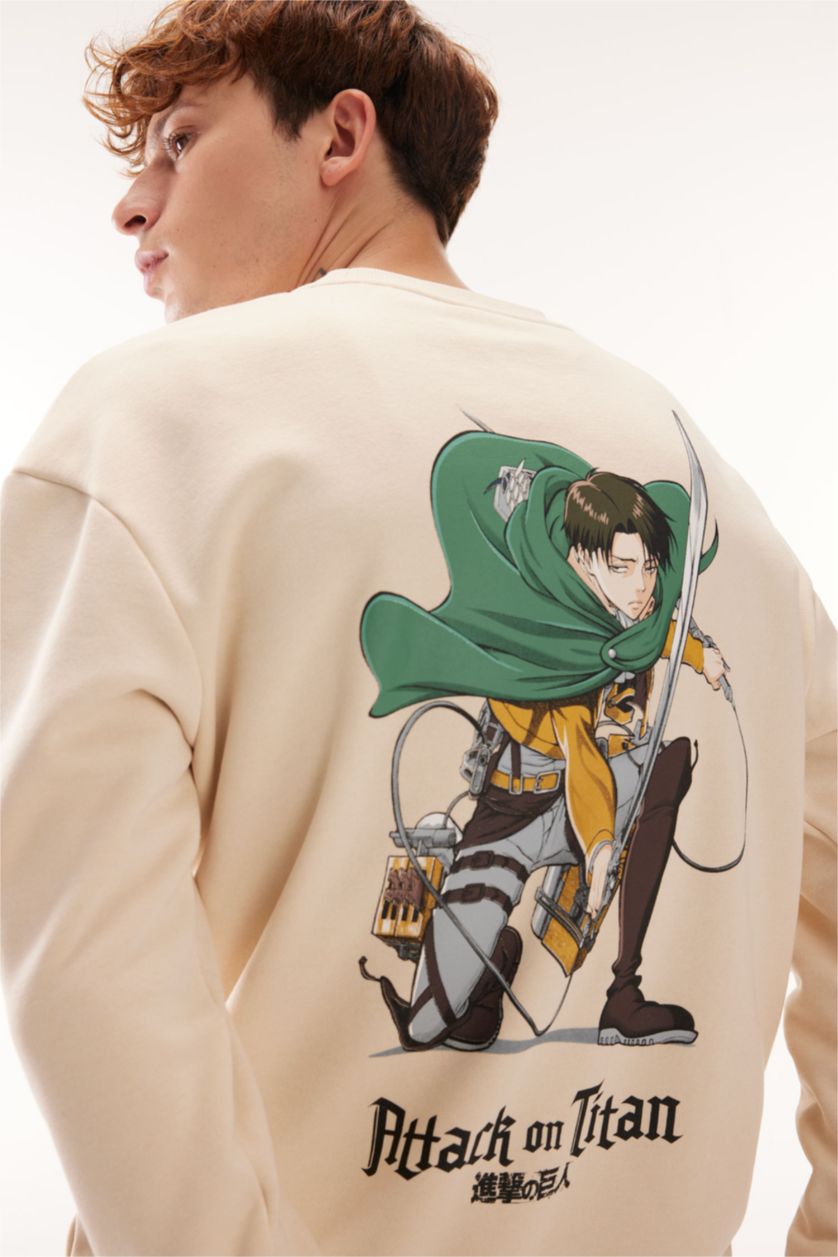 Erkek Kum Attack on Titan Boxy Fit Bisiklet Yaka Sırt Baskılı Sweatshirt
