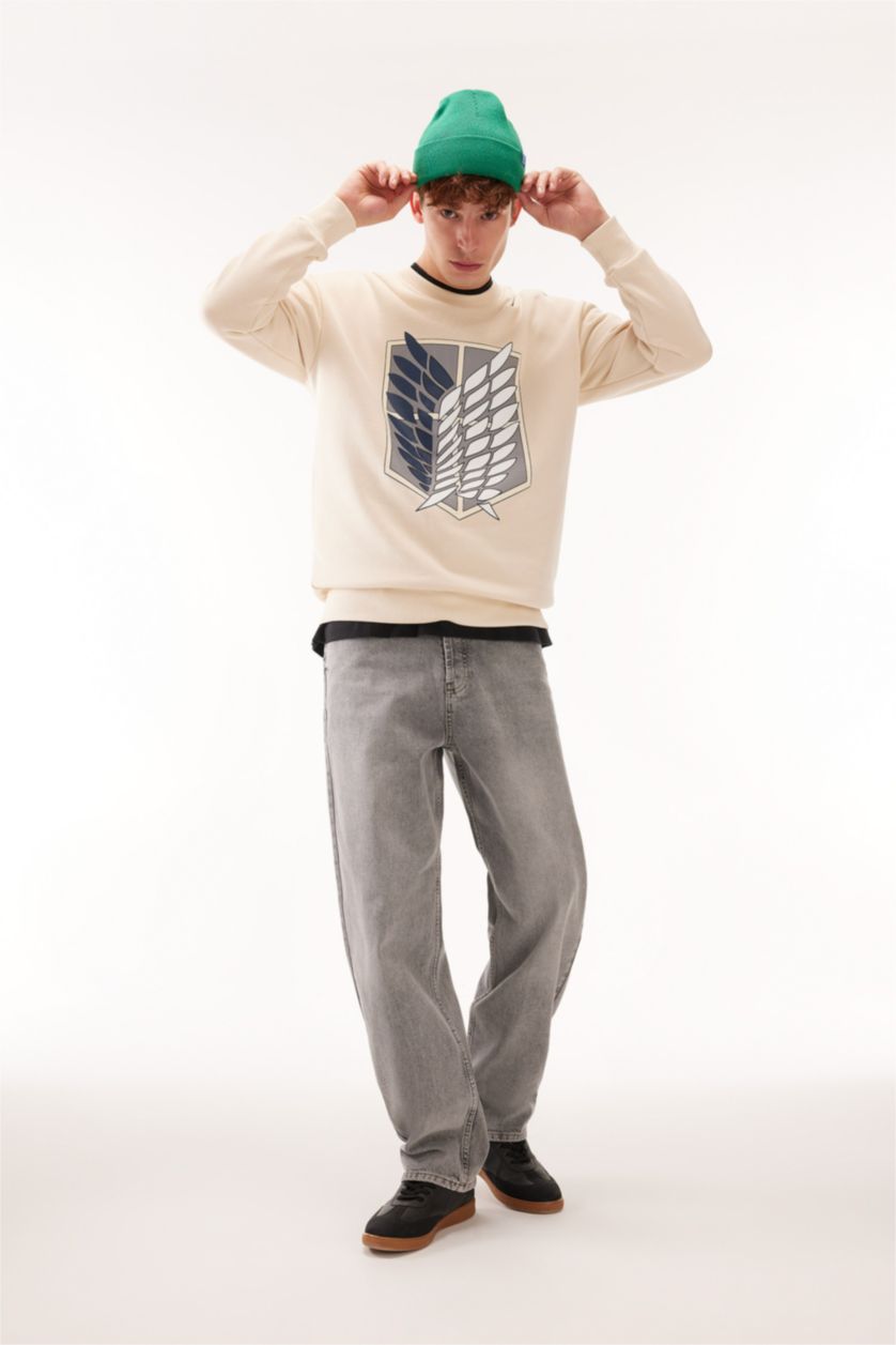 Erkek Kum Attack on Titan Boxy Fit Bisiklet Yaka Sırt Baskılı Sweatshirt