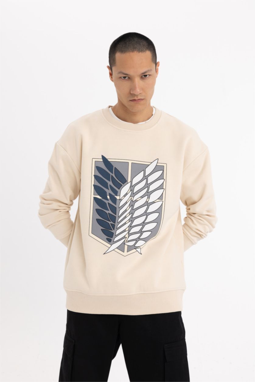 Erkek Kum Attack on Titan Boxy Fit Bisiklet Yaka Sırt Baskılı Sweatshirt