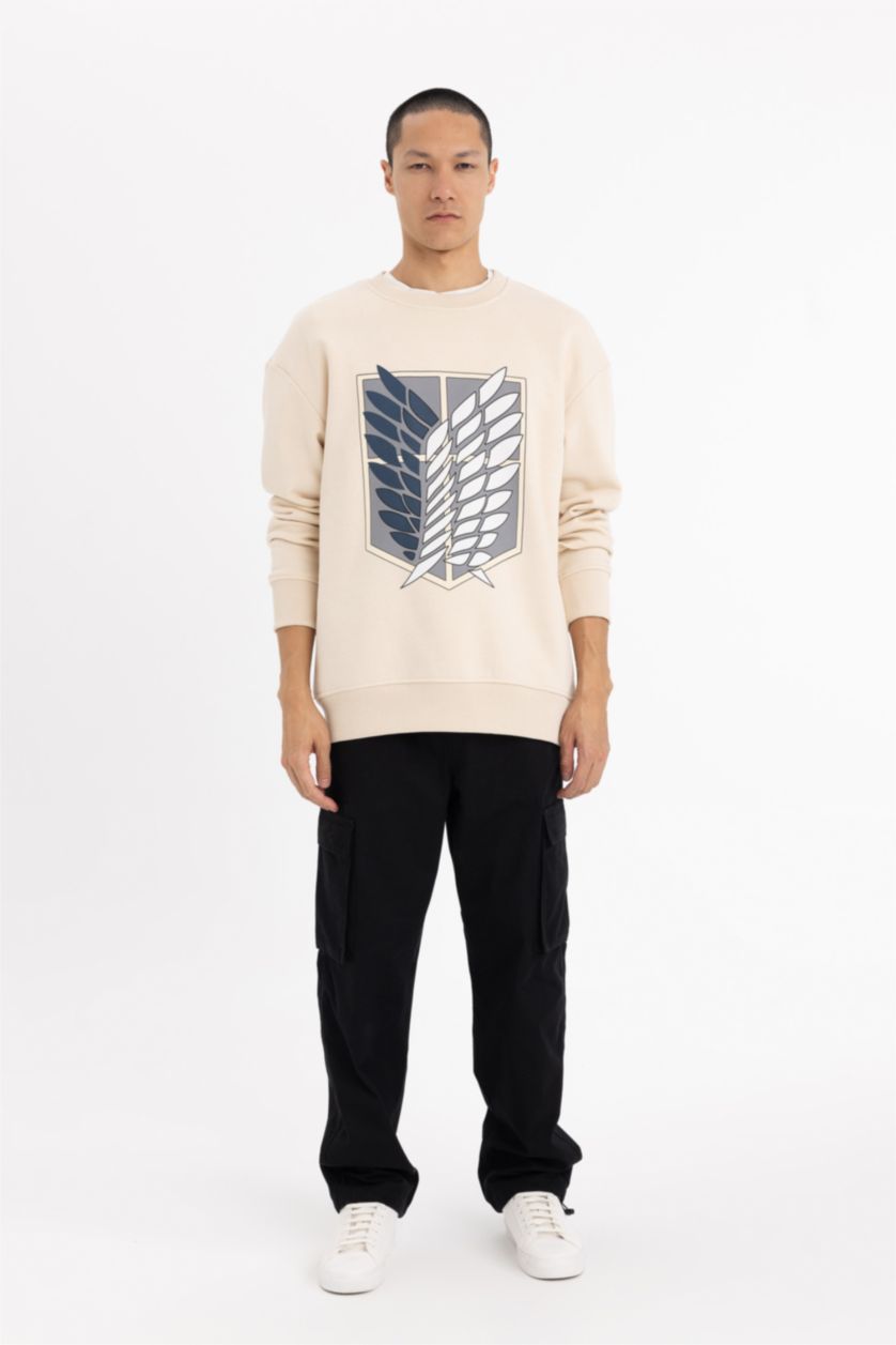 Erkek Kum Attack on Titan Boxy Fit Bisiklet Yaka Sırt Baskılı Sweatshirt
