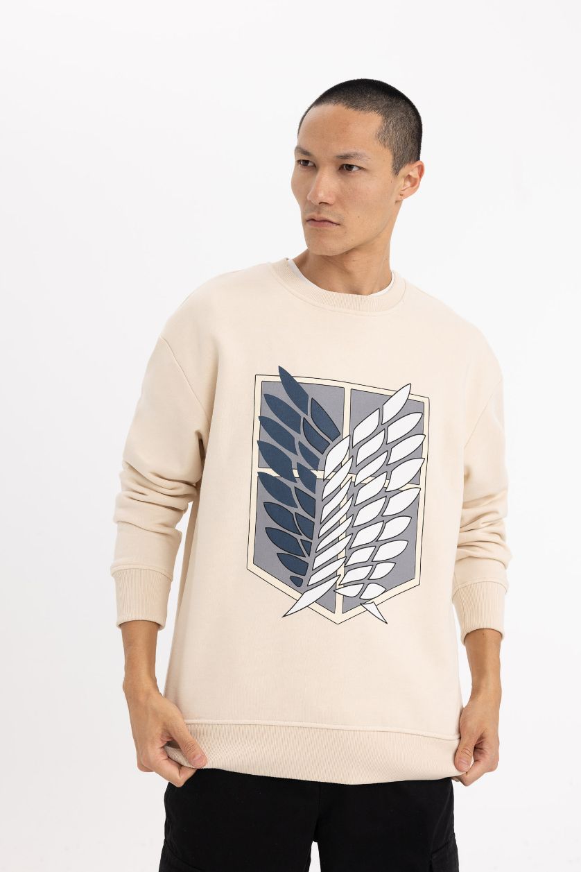 Erkek Kum Attack on Titan Boxy Fit Bisiklet Yaka Sırt Baskılı Sweatshirt