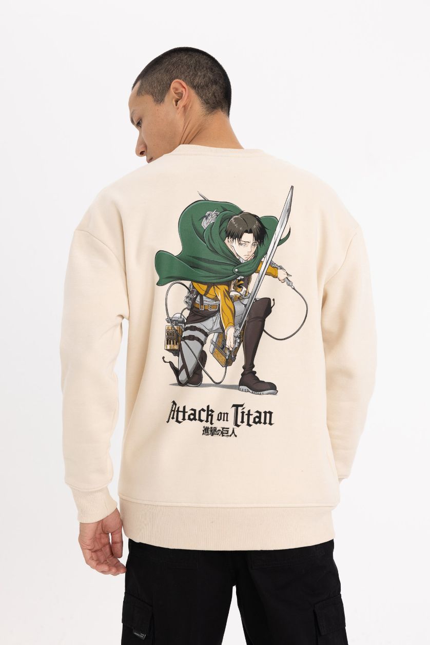 Erkek Kum Attack on Titan Boxy Fit Bisiklet Yaka Sırt Baskılı Sweatshirt