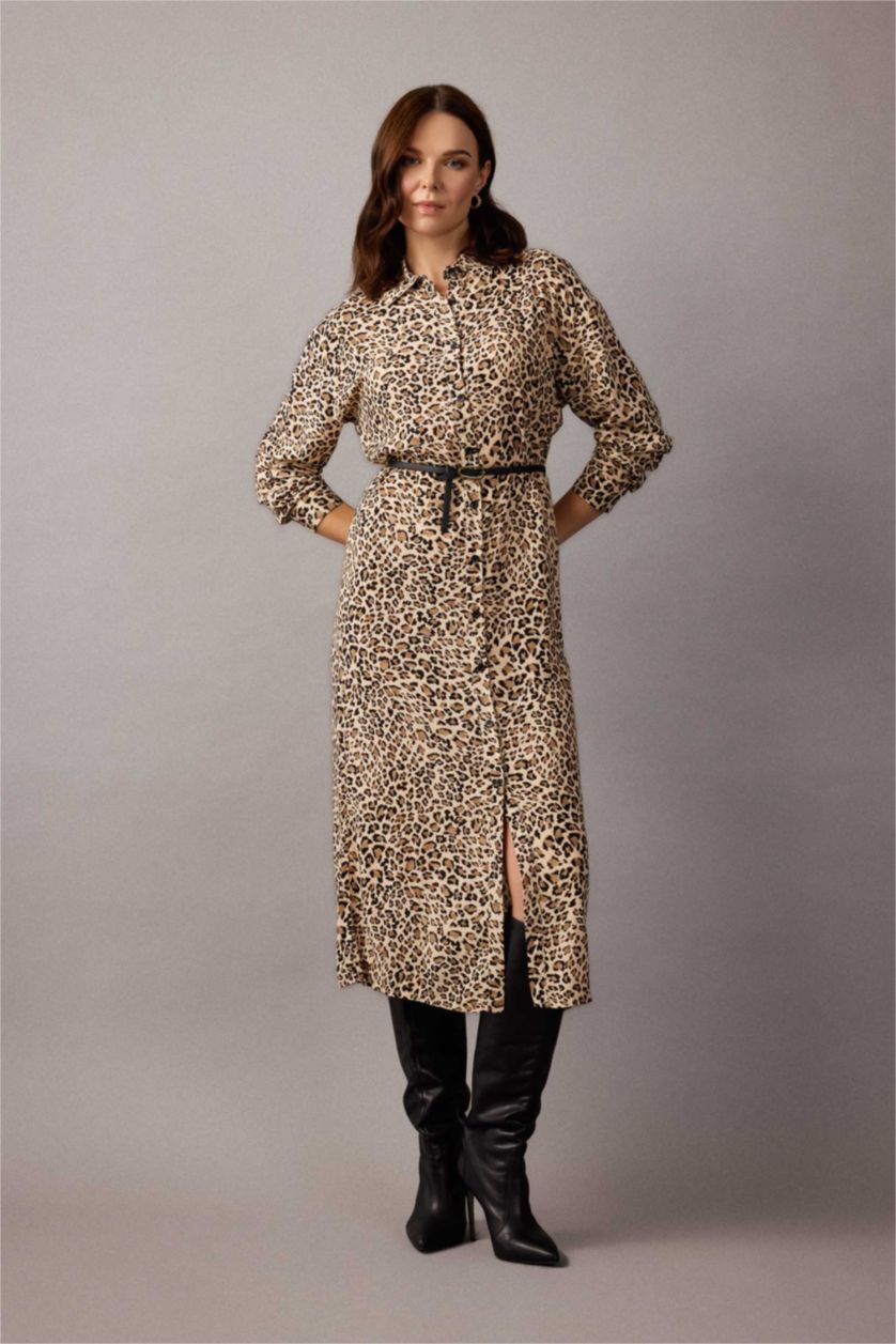 WOMAN Vison Leopard Print Shirt Collar Long Sleeve Midi Dress