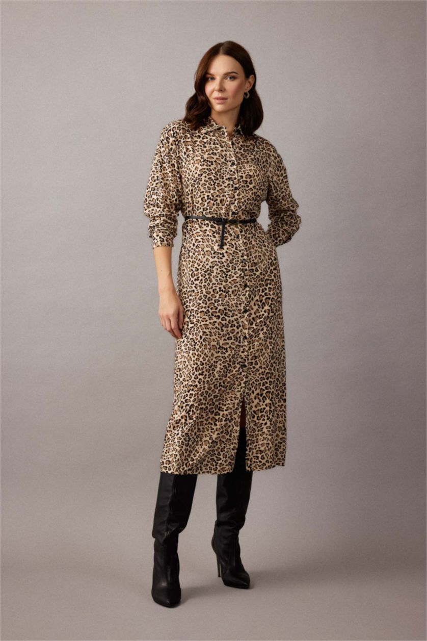 WOMAN Vison Leopard Print Shirt Collar Long Sleeve Midi Dress