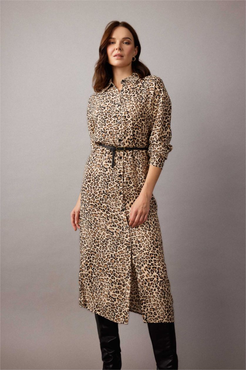 WOMAN Vison Leopard Print Shirt Collar Long Sleeve Midi Dress