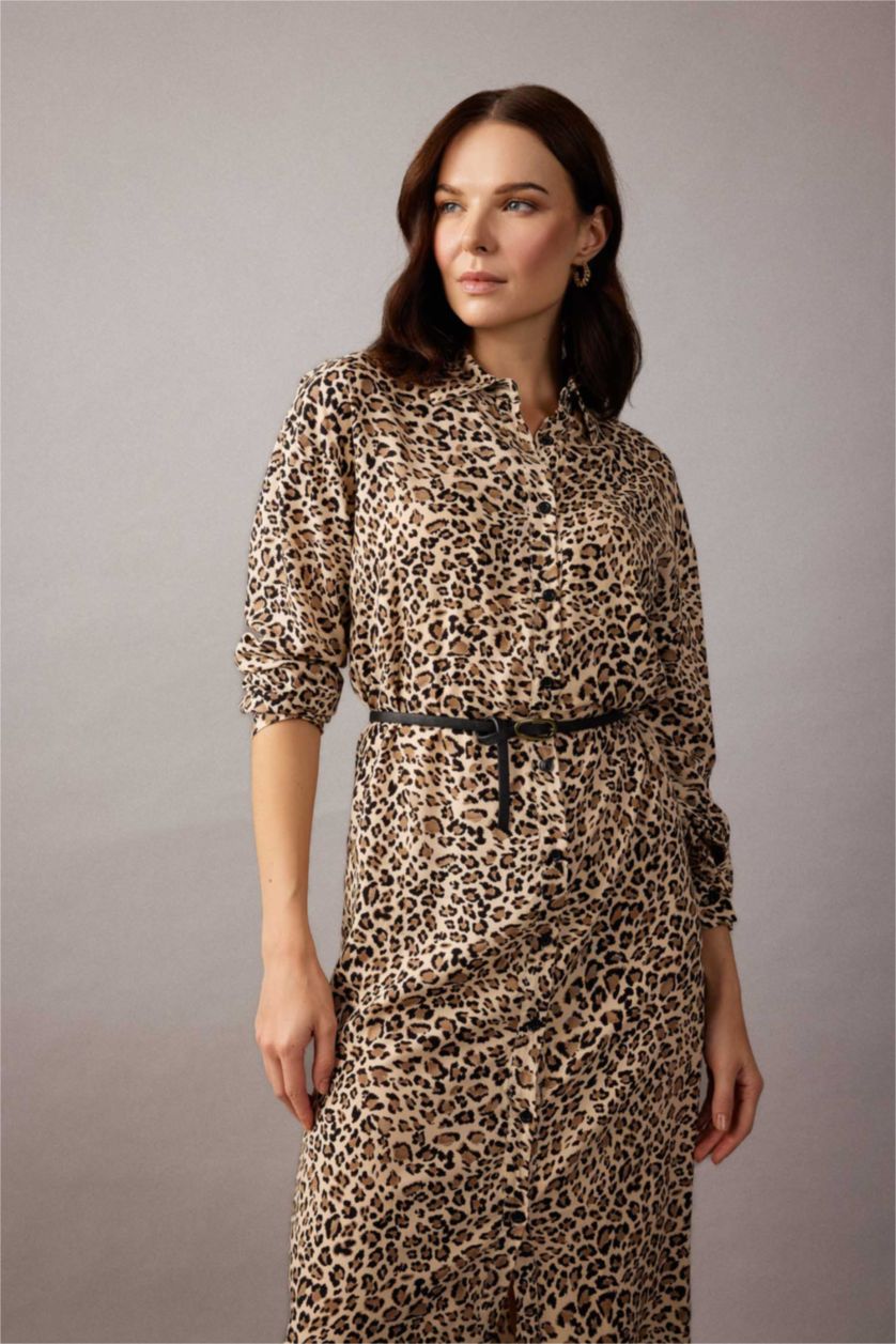 WOMAN Vison Leopard Print Shirt Collar Long Sleeve Midi Dress