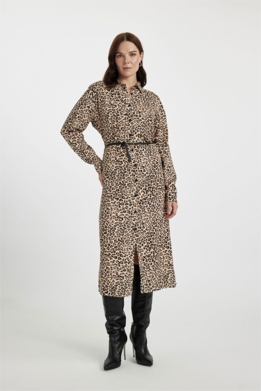 WOMAN Vison Leopard Print Shirt Collar Long Sleeve Midi Dress