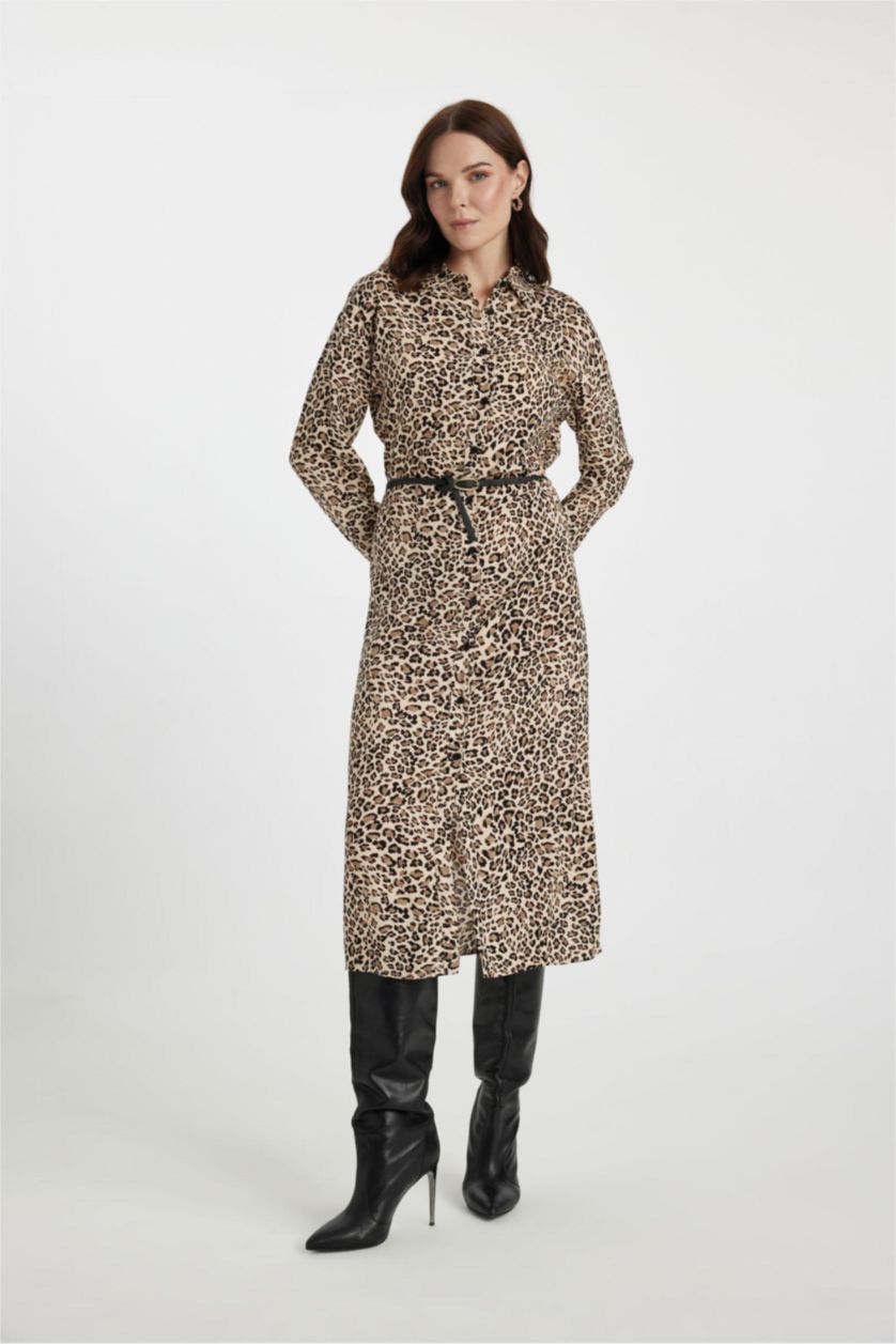 WOMAN Vison Leopard Print Shirt Collar Long Sleeve Midi Dress