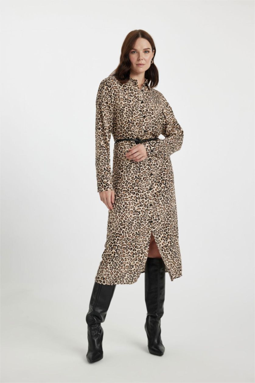 WOMAN Vison Leopard Print Shirt Collar Long Sleeve Midi Dress