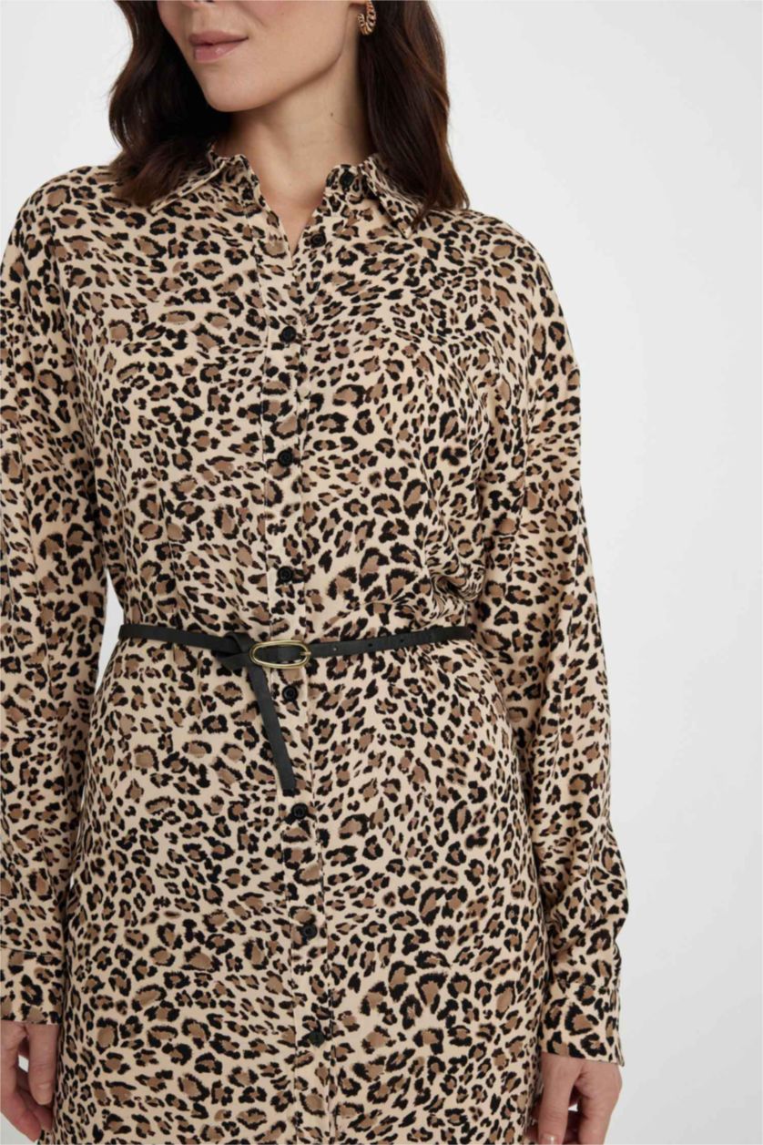 WOMAN Vison Leopard Print Shirt Collar Long Sleeve Midi Dress