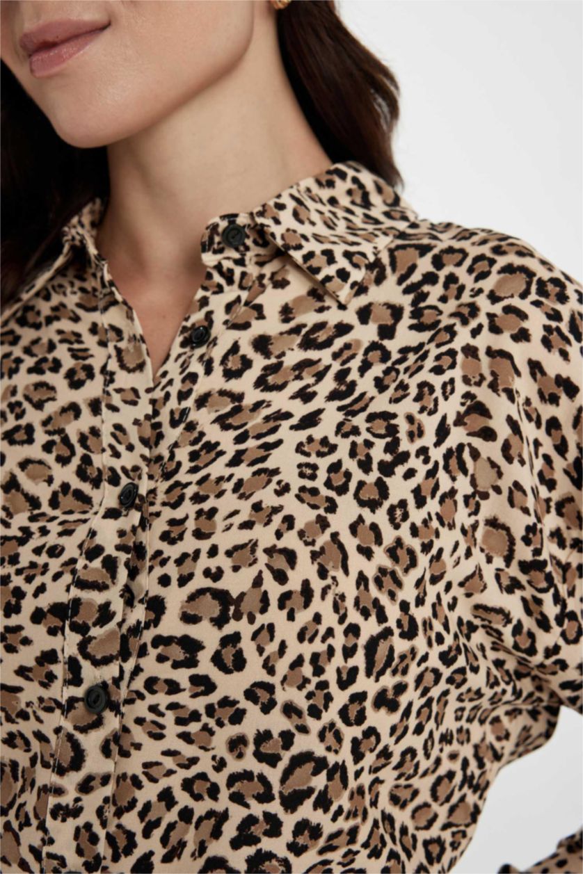 WOMAN Vison Leopard Print Shirt Collar Long Sleeve Midi Dress