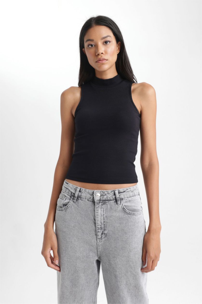 FEMME Noir Top Coupe Slim Demi-Col De Tortue