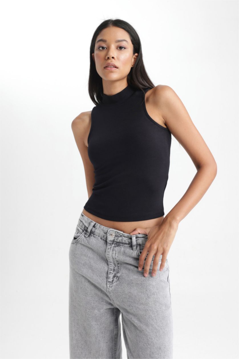 FEMME Noir Top Coupe Slim Demi-Col De Tortue