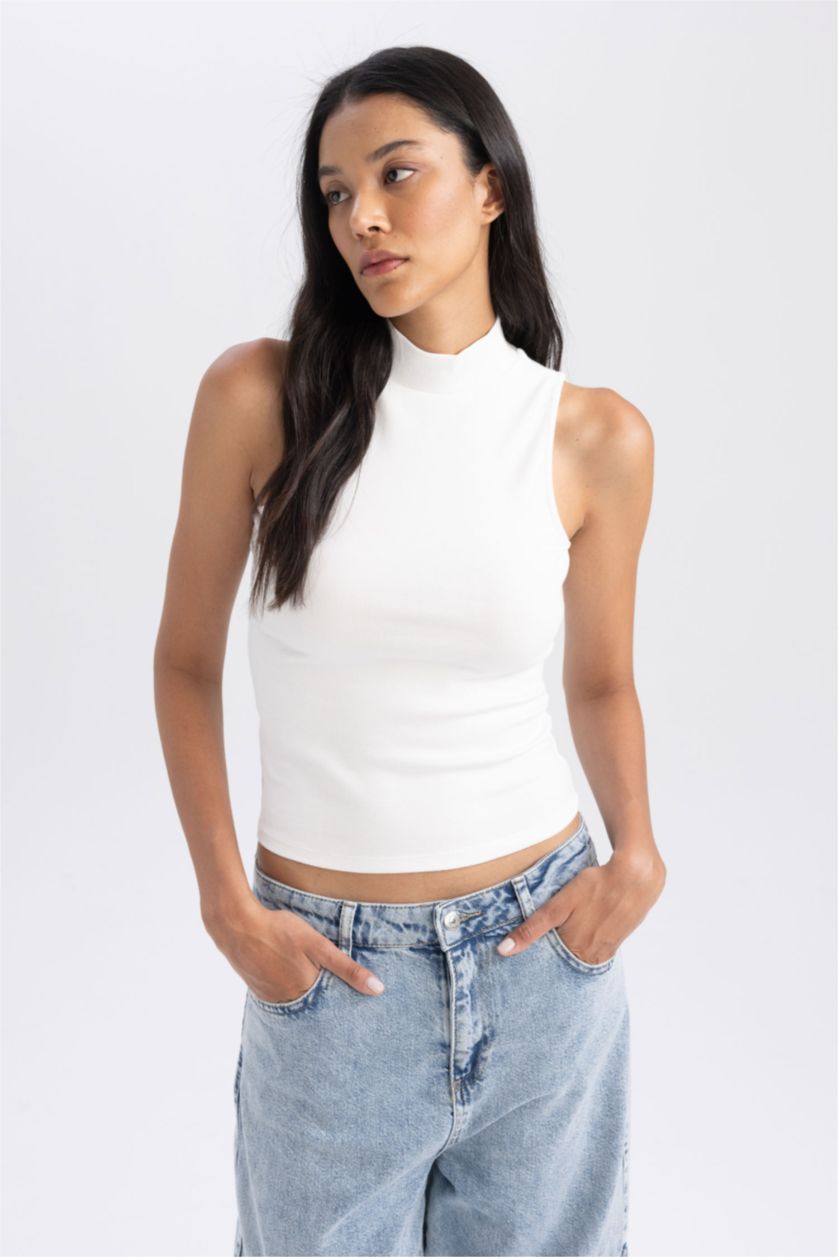 FEMME Écru Top Coupe Slim demi-Col de Tortue