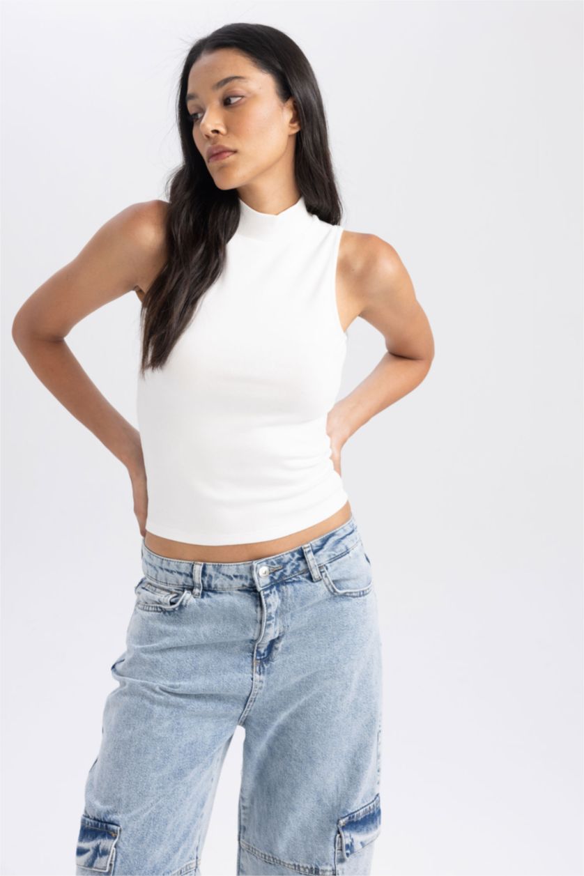 FEMME Écru Top Coupe Slim demi-Col de Tortue