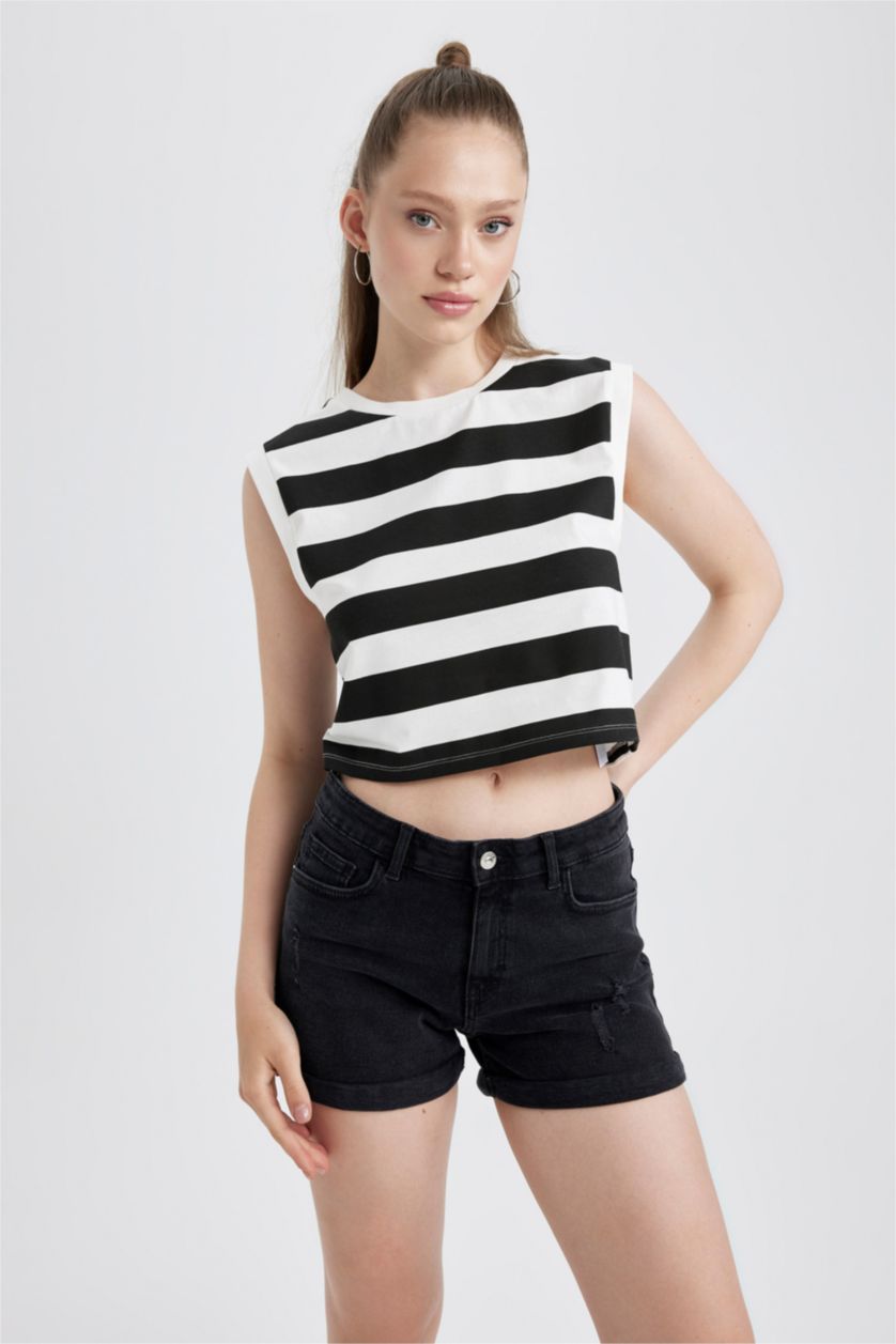 WOMAN Black Fitted Patterned Cotton Crop Top