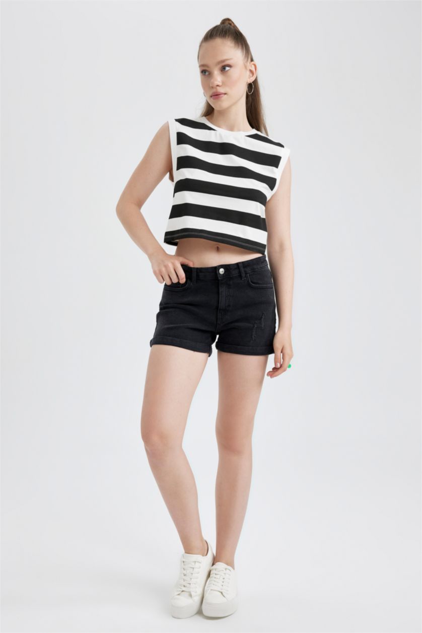 WOMAN Black Fitted Patterned Cotton Crop Top