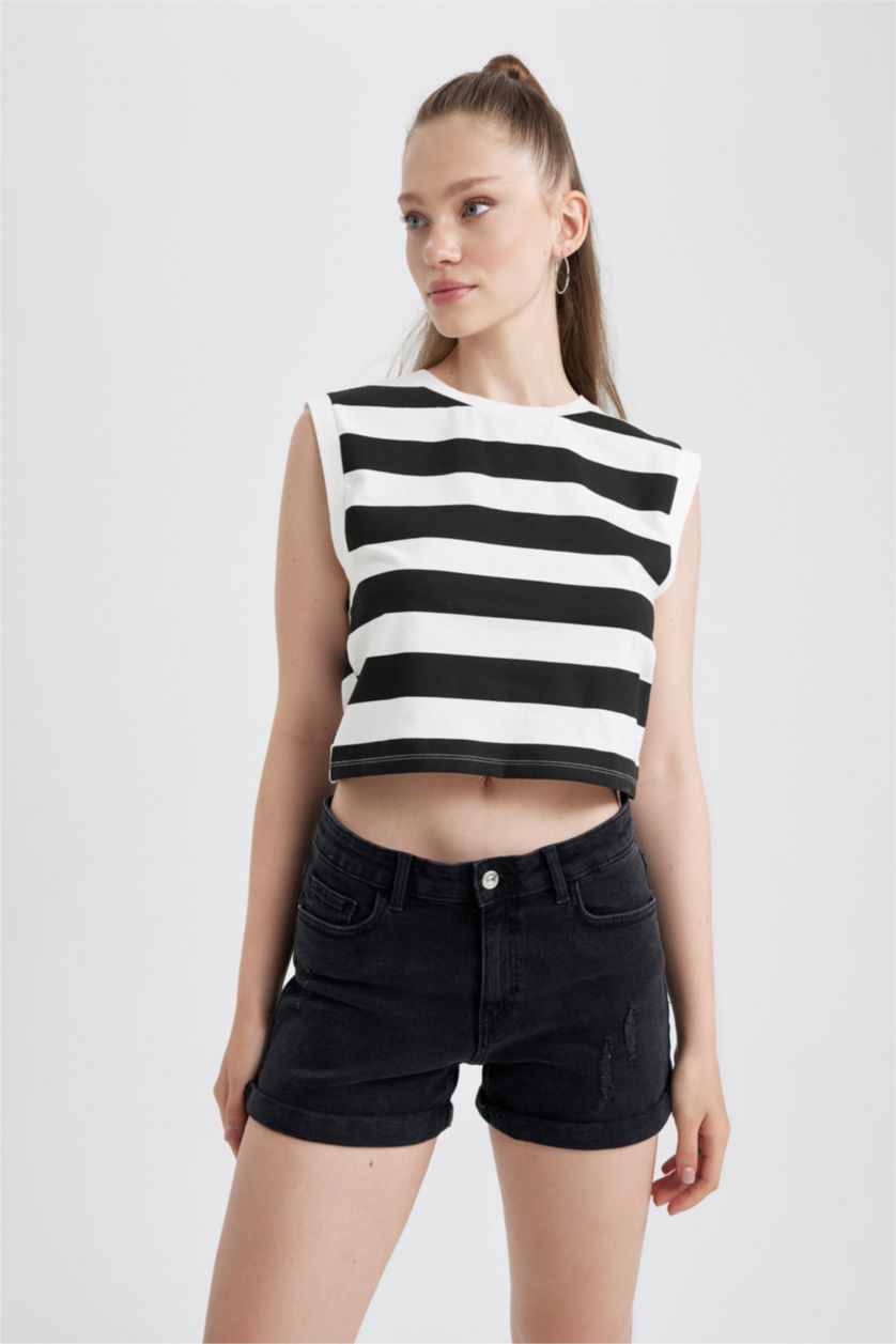 WOMAN Black Fitted Patterned Cotton Crop Top